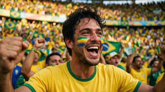 Brazilian Fanatic's Joy: A euphoric Brazilian football fan, face painted with national colors, cheers enthusiastically amidst a sea of jubilant supporters in a packed stadium.