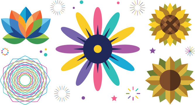 Colorful geometric flower vector element set featuring abstract lotus sunflower daisy mandala designs and festive celebration starburst sparks