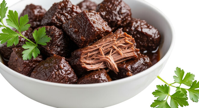 Braised beef chunks in a white bowl garnished with fresh parsley isolated on transparent background