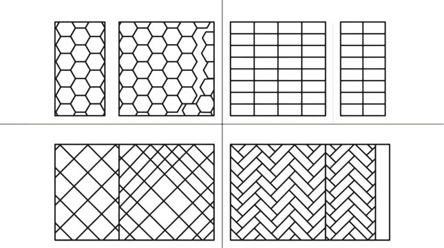 Set of geometric paving patterns including hexagonal, rectangular, diamond, and herringbone layouts for architectural design and construction