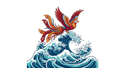 Obraz premium Mythical Phoenix Bird Rises Above Crashing Ocean Waves.