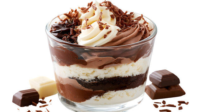 Layered chocolate parfait dessert with whipped cream and chocolate shavings isolated on transparent background
