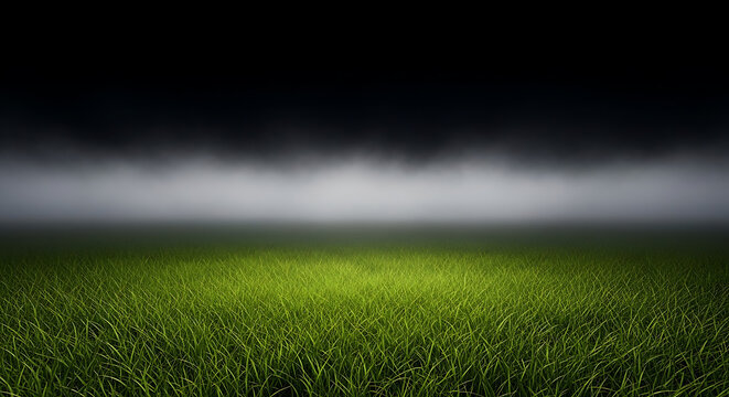 Green grass field illuminated at night with heavy fog and dark atmosphere landscape background dramatic atmosphere lighting grassland
