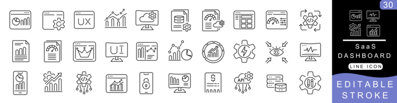 SaaS Dashboard Line Icon Set &ndash; Analytics, CRM, Billing and Project Management Editable Outline Vector Collection