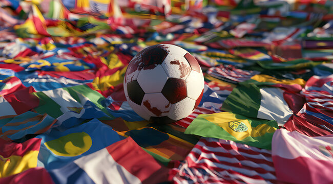 The soccer ball featured a diverse set of international flags, symbolizing global unity in sports. It was emblematic of the World Cup, an international sports festival