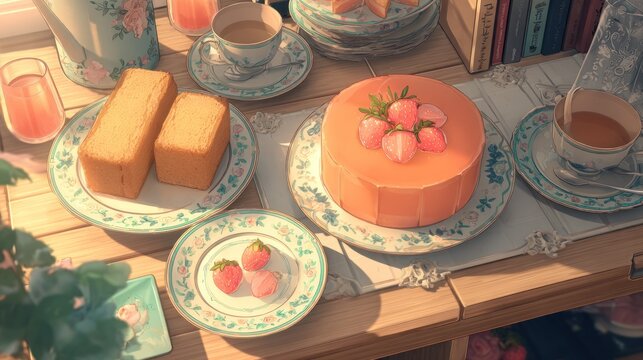 Delicate afternoon tea service includes bread, fruit, and an orange glazed dessert on a wooden surface