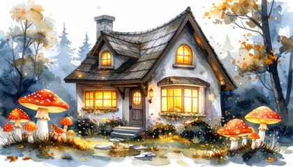 Fototapeta premium Glowing mushroom cottage illustration in a dark forest.