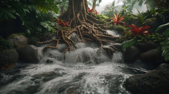 Lush Rainforest Waterfall with Ancient Tree Roots