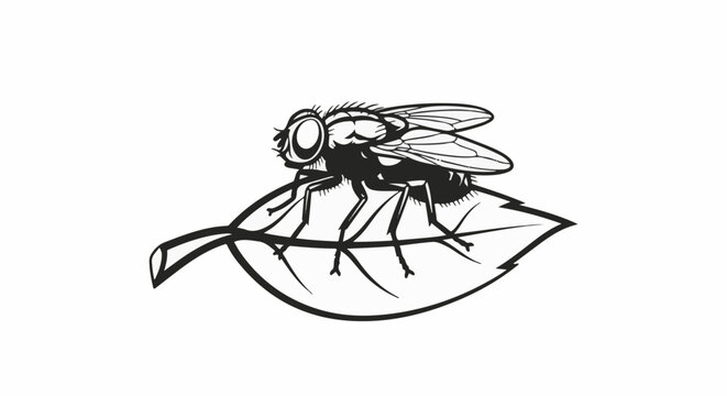 A black and white illustration depicts a fly with its wings spread resting on a single leaf