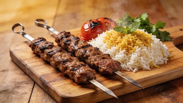 Traditional Persian Chelo Kebab Kobideh with grilled minced meat, rustic presentation