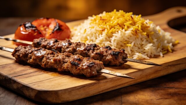 Chelo Kebab Kobideh served in a wooden cutting board isolated on wooden background 