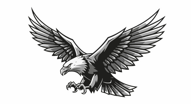 A majestic eagle soars with outstretched wings, talons extended, ready to descend in a powerful, graphic illustration