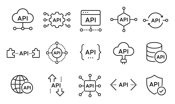 API line icons set representing software integration, cloud computing, database connection, network security, and web development protocols for digital applications
