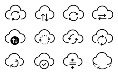 Fototapeta premium Cloud computing sync and backup icon set featuring various line designs with arrows for data transfer, upload, download, storage, and system updates