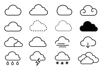 Obraz premium Cloud outline icons set for weather forecast, featuring various designs including rain, lightning, snow, fog, download, dashed lines, and solid shapes for web and graphic design