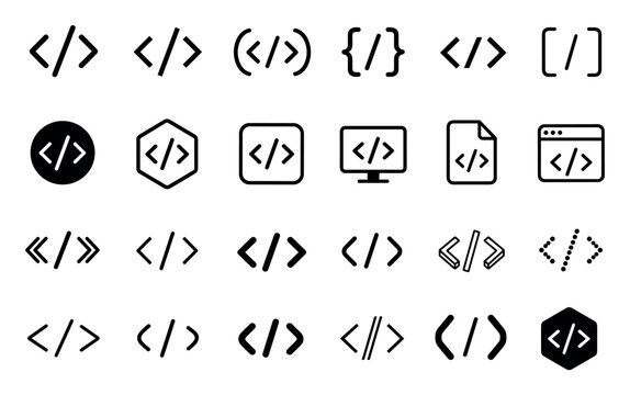 Coding and programming web development icon set featuring various styles of HTML tags, software engineering symbols, and developer brackets for digital applications
