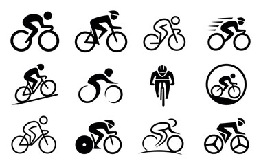 Naklejka premium Bicycle rider icons and cycling pictograms set featuring various minimalist designs of cyclists riding bikes for sports, racing, and recreation graphic design elements