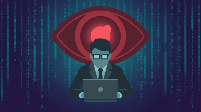 Anonymous professional working on laptop with watchful eye in a digital matrix background