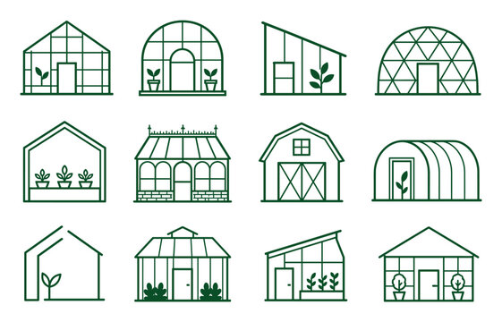 Greenhouse icons set of various glasshouse structures including dome, hoop, lean-to, and barn styles with potted plants for gardening and agriculture design projects