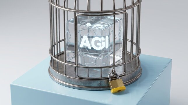 AGI Artificial Intelligence Cube Locked in Birdcage with Padlock Symbolizing Restriction