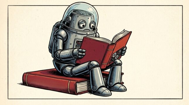Vintage robot reading a book while sitting on stack of books