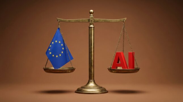 European Union flag and AI letters on scales of justice symbolizing regulation and technology