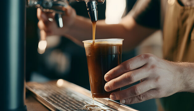 A medium shot captures a barista pouring cold brew coffee from a nitro tap into a cup, with the drip tray softly focused to catch small spills beneath.