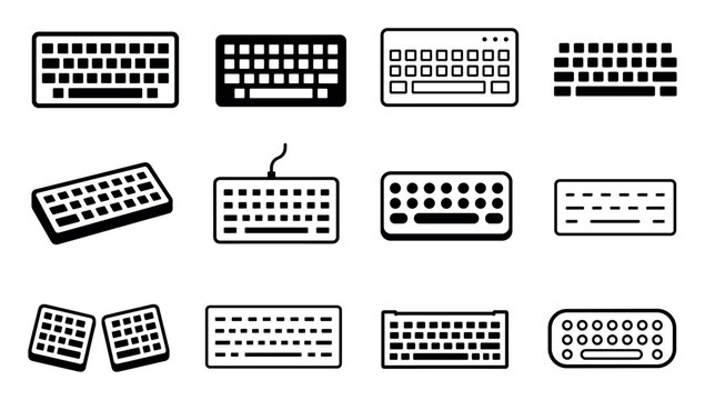 Computer keyboard icons set in black and white style featuring various layouts and designs for technology and office concepts