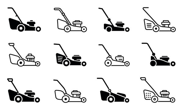 Lawn mower icons set for garden care and landscaping maintenance, featuring various black vector silhouettes of push mowers for yard work and grass cutting equipment