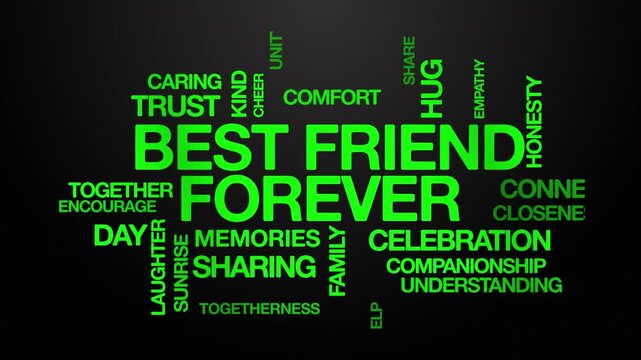 Best friend forever BFF concept Animated Tag Word Cloud kinetic typography, Text Design Animation typography seamless loop video motion graphics Intro Wordart arrangement green type on black backdrop