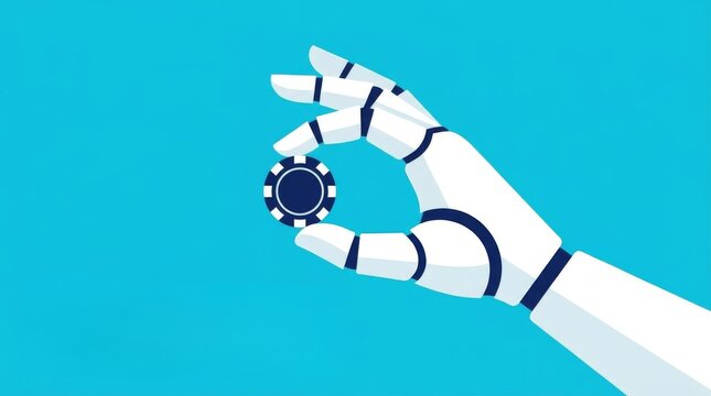 Robotic hand holding a casino poker chip against a bright blue background