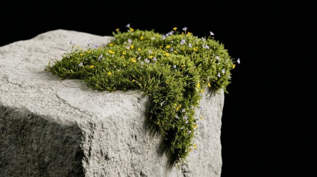 Small wildflowers blooming on a mossy rock against a dark background
