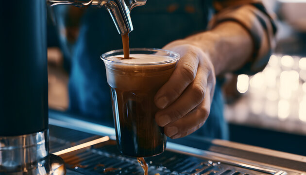 A medium shot capturing a barista pouring cold brew coffee into a cup via a nitro tap, with the drip tray allowing small spills to collect below in a dreamy blur.