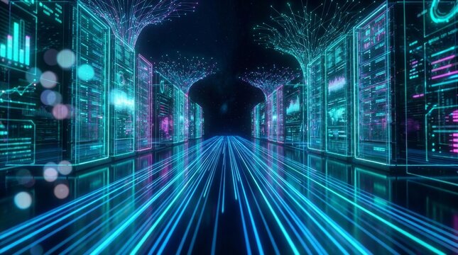 Digital Data Flowing Rapidly Through Futuristic Server Room with Neon Glow