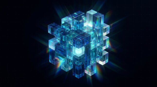 Futuristic glowing blue glass cubes forming abstract data structure on dark background