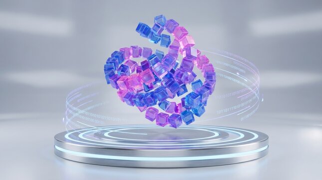 Abstract digital data structure of vibrant cubes floating above a futuristic podium