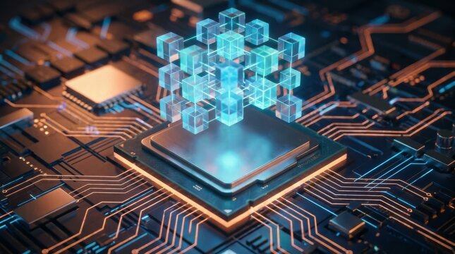 Futuristic CPU processing unit with glowing data cubes on a dark circuit board background