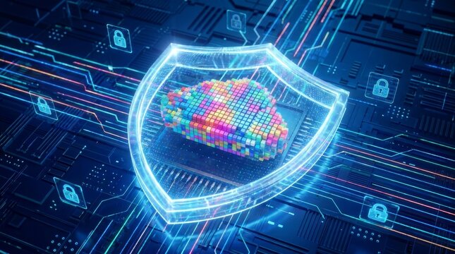 Digital cloud security shield protecting vibrant data on a futuristic circuit board network