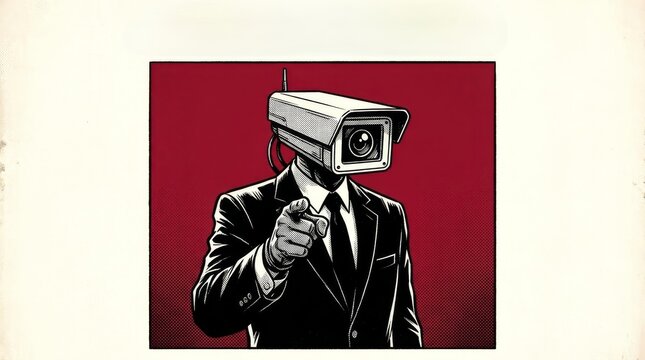 Man with security camera head pointing forward symbolizing watchful observation