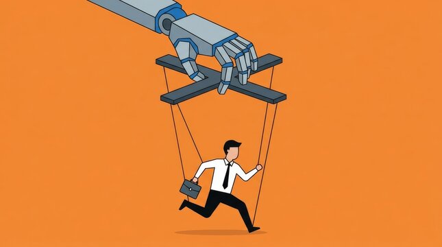 Robot hand controlling businessman like a puppet with strings on orange background