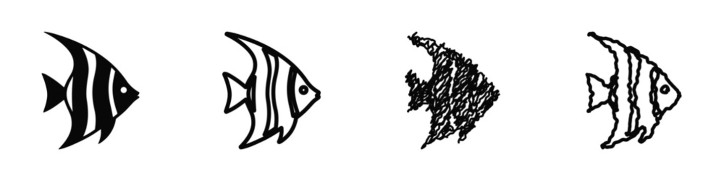 Collection of stylized fish icons in black and white, representing different artistic interpretations