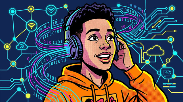 Digital data streams into headphones from a tech network, illustrating modern communication and information transfer.