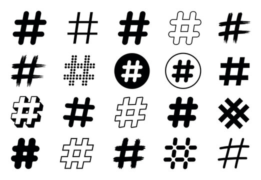 Black hashtag symbols in various graphic styles including brush strokes, dotted patterns, 3D effects, and outlines for social media tagging and digital marketing designs