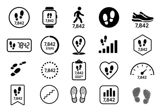 Step counter and pedometer fitness icon set featuring footprints, smart watch trackers, walking progress indicators, and health metrics for activity monitoring