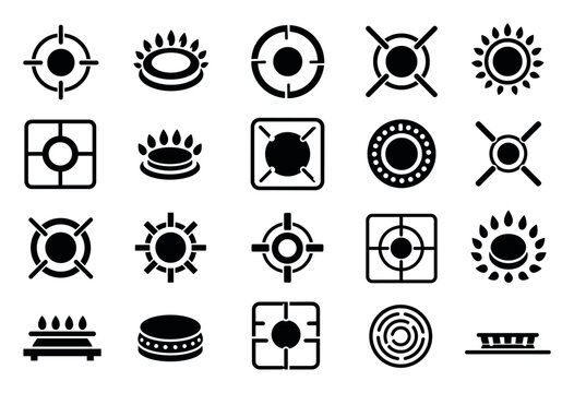 Gas stove burner icons and symbols set representing various kitchen cooker hobs, hot plates, and heating elements for domestic cooking appliances