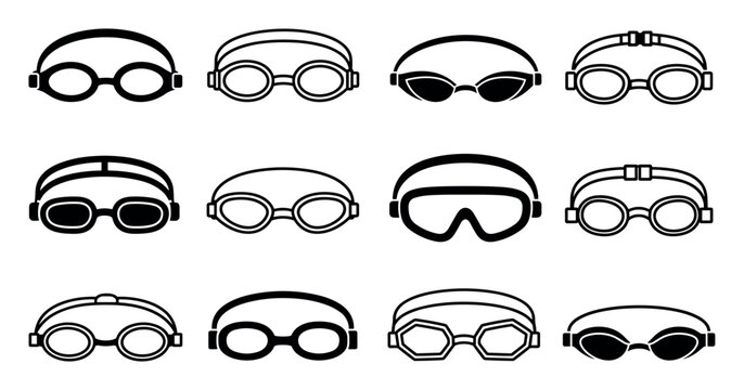 Swimming goggles icons set for water sports, featuring various designs of protective eyewear for swimmers, divers, and triathletes in a clean black and white vector style