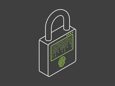 Isometric padlock with binary screen for data security.