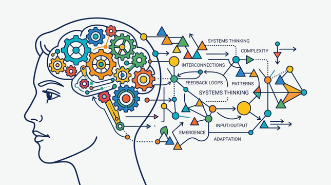 Mind mechanism: Human head with colorful gears inside, symbolizing complex thought