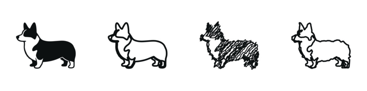 Collection of four stylized Pembroke Welsh Corgi dog illustrations in black and white