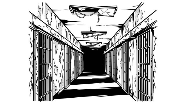 Abandoned Prison Cell Corridor Interior.